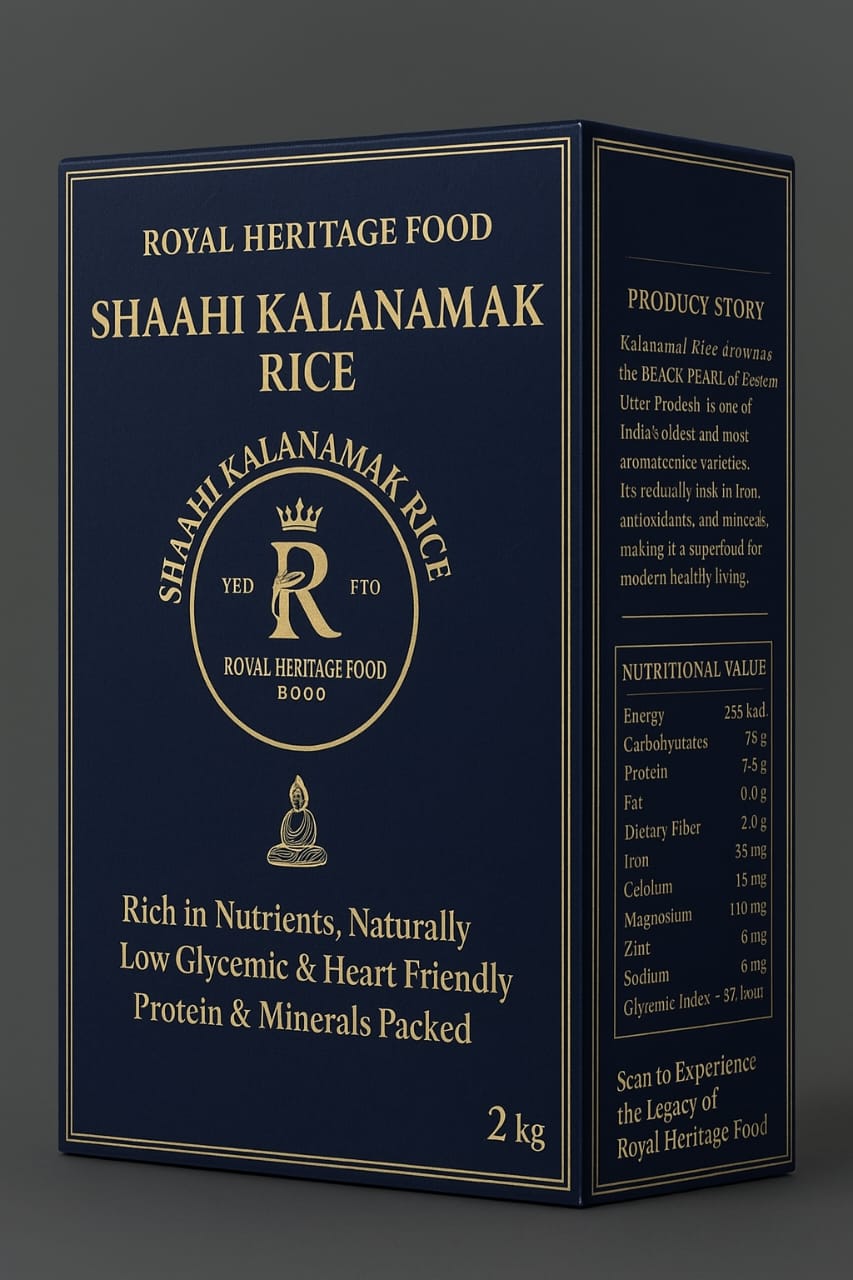 Royal Heritage Food Shaahi Kalanamak Rice packaging on a dark background